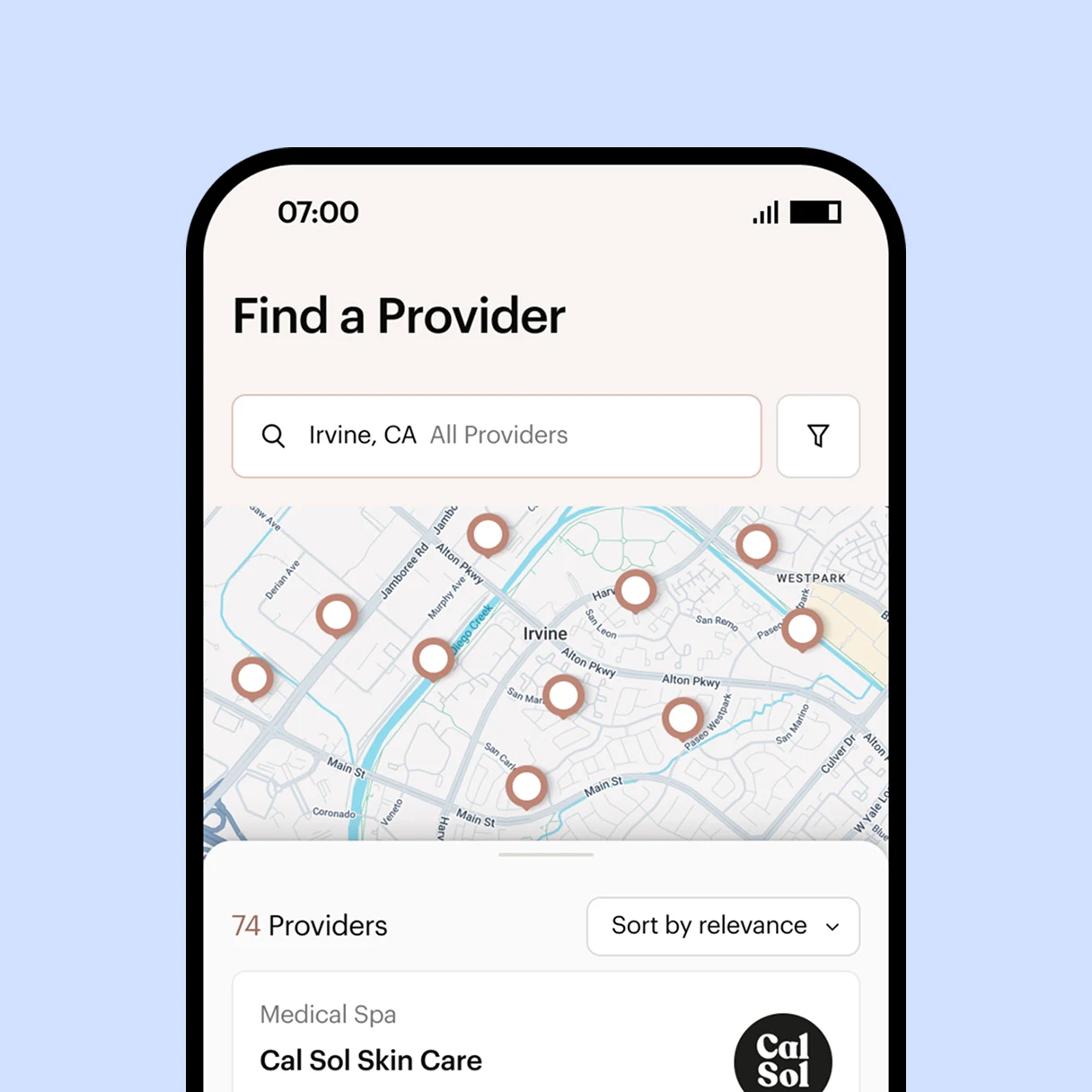 Screenshot of a phone showing health care providers on a map