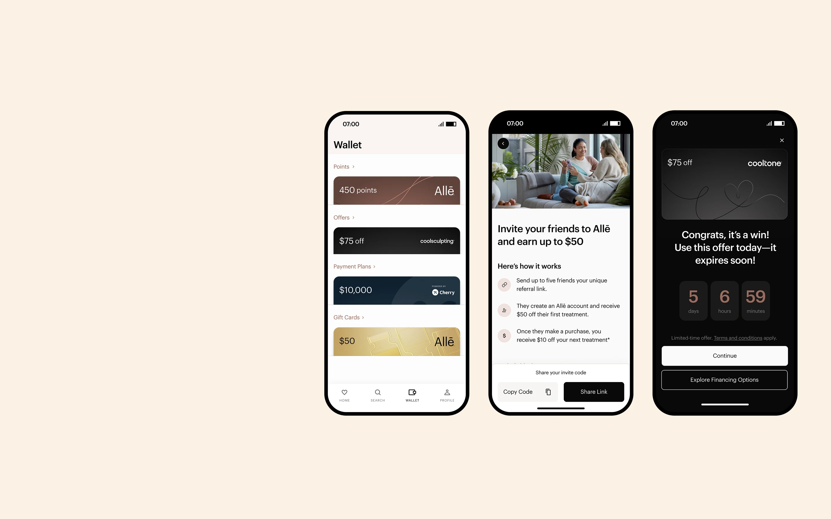 Screenshots of Multiple phones showing the Alle application