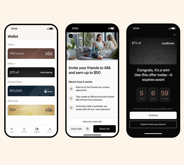 Screenshots of Multiple phones showing the Alle application