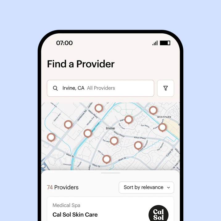 Screenshot of a phone showing health care providers on a map